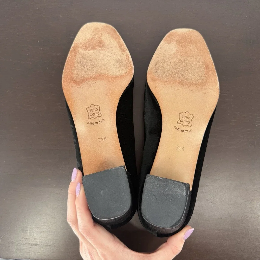 VTG Bottega Veneta‎ Sz 7.5B Black Velvet Classic Low Block Heel W/ Box & Dustbag